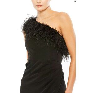 Mac Duggal 68147 Black Feather One Shoulder Midi Dress Cocktail Size 2 NEW